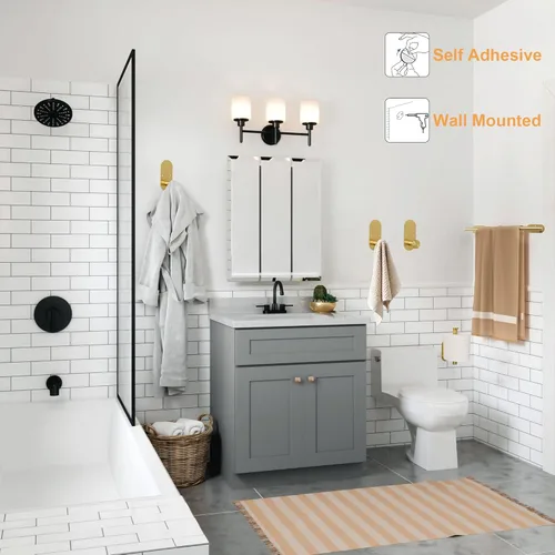 Miniatura 2 de TocTen Juego de 5 toallas para montar en la pared o autoadhesivas, juego de accesorios de baño de acero inoxidable que incluye toallero de 16 Oro