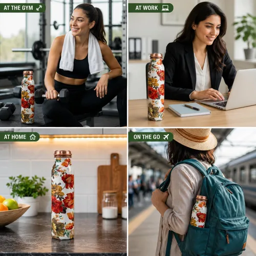 Miniatura 6 de Botella de agua de cobre puro – Hecho a mano – Beneficios para la salud Ayurveda – Grande 34 oz – A prueba de fugas – Fácil de llevar para deportes