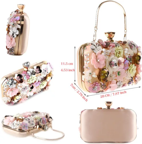 Miniatura 4 de BBTT.ful Bolso de mano para mujer con diseño de flores, con correa de cadena y bandolera (champán), Champán