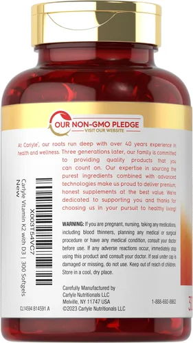 Miniatura 3 de Suplemento de vitamina K2 D3 de Carlyle 300 cápsulas blandas 200 mcg K2 MK7 y 10,000 UI D3 Sin GMO, sin gluten