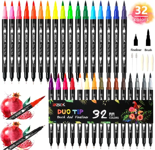 ZSCM - Juego de rotuladores de punta doble de 32 colores, bolígrafos artísticos de punta fina y punta de pincel, para adultos, libros de colorear