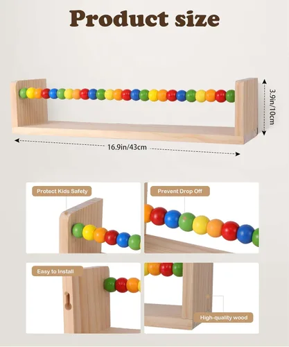 Miniatura 3 de Juego de 4 estantes flotantes para libros de guardería, estantes flotantes para pared de estantería, estantería para niños (cuentas de cinco colores)