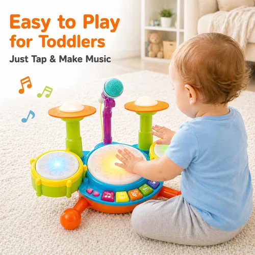 Miniatura 4 de Juego de batería para niños pequeños de 1 a 3 años, batería para bebés de 1 año con micrófono con luz, juguetes de batería para niños pequeños de 1