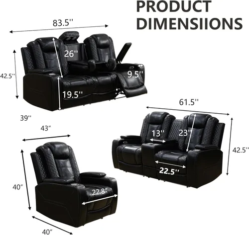 Miniatura 2 de Juego de 3 piezas para sala de estar, sofá reclinable eléctrico de cuero con puertos USB, iluminación LED y portavasos, asientos de cine en casa
