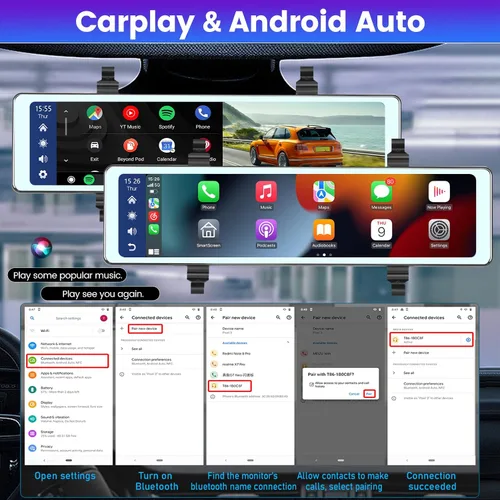 Miniatura 2 de NHOPEEW Cámara de espejo retrovisor de 11.26 pulgadas con Carplay y Android Auto - Espejo Dash Cam frontal y trasera - Transmisor