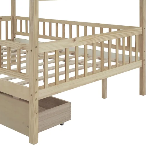 Miniatura 8 de Cama de casa matrimonial para niños, cama Montessori de tamaño matrimonial con 2 cajones de almacenamiento, barandillas y techo, cama