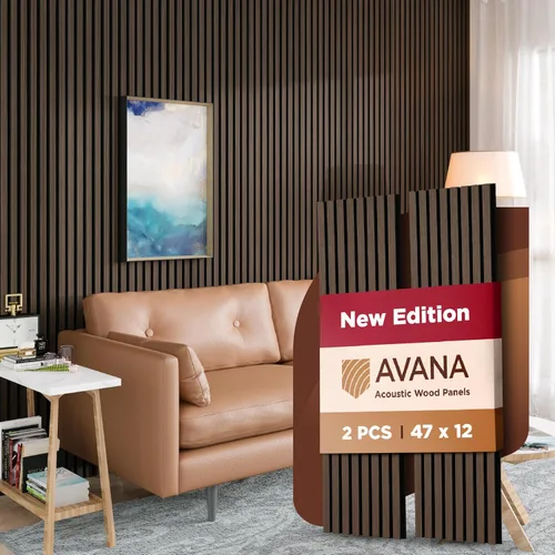 Miniatura 54 de Avana Paneles de pared de madera acústica de 94.4 x 12.6 pulgadas, 2 piezas de paneles acústicos de roble negro, paneles de pared para decoración