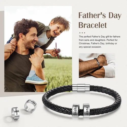 Miniatura 6 de Pulsera personalizada con nombres trenzados negros para hombre, hecha a medida con abalorios, joyería inspiradora familiar, regalo para papá, Cuero