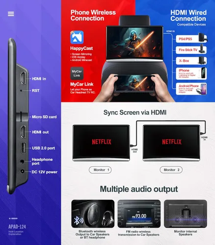 Miniatura 5 de 12.4 pulgadas 4K Android portátil coche TV monitor tableta para asiento trasero, teléfono soporte inalámbrico espejo enlace pantalla táctil