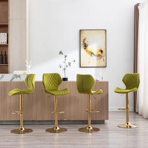 Miniatura 6 de Juego de 2 taburetes de bar de terciopelo ajustables verdes con patas doradas, modernas sillas de bar giratorias para isla de cocina, comedor, bar