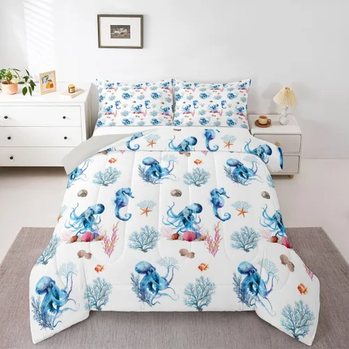 Miniatura 30 de Erosebridal Blue Ocean - Juego de edredón tamaño individual Juego de ropa de cama de ballena delfín y tortuga marina para niños y niñas, juego
