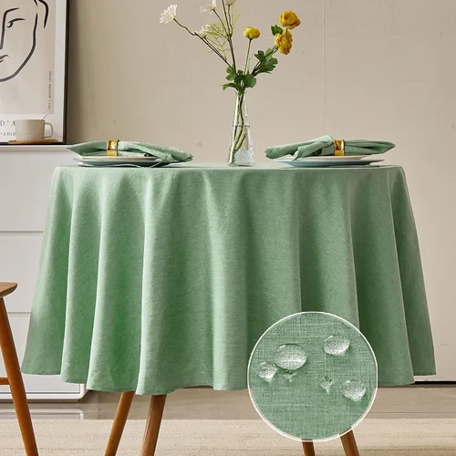 Miniatura 10 de Mantel redondo de lino, mantel de estilo granja impermeable y resistente a las manchas, cubierta de mesa de decoración falsa lavable para cocina