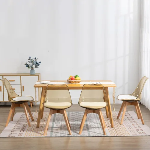 Miniatura 8 de Juego de 2 sillas de comedor transparentes, modernas sillas de comedor de acrílico con cojines de piel sintética y patas de madera, sillas laterales