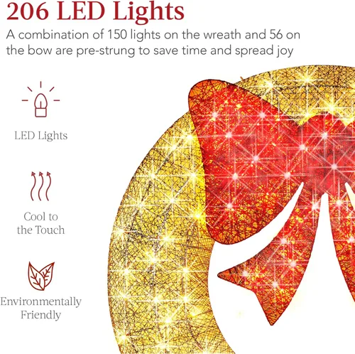 Miniatura 3 de Best Choice Products Corona de Navidad preiluminada de 60 pulgadas para exteriores, decoración navideña de metal LED para el hogar, jardín con 206