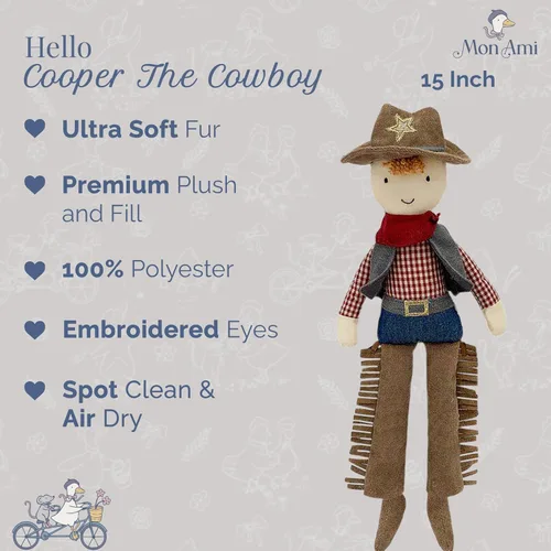 Miniatura 2 de MON AMI Cooper The Cowboy Doll - Muñeca de peluche suave y elegante de 15 pulgadas, juguete de vaquero occidental para todas las edades, decoración