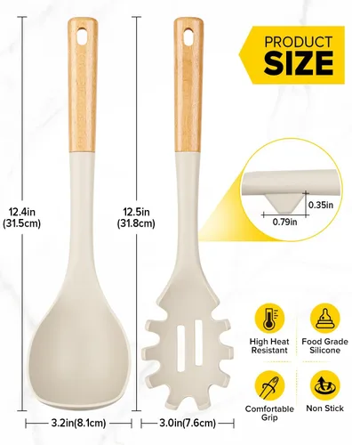 Miniatura 3 de Juego de cucharón de sopa de silicona y cuchara de espagueti con mango de madera, utensilios de cocina antiadherentes resistentes al calor para Caqui