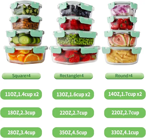 Miniatura 3 de HOMBERKING 24 recipientes de vidrio para almacenamiento de alimentos con tapas, recipientes de vidrio para preparación de comidas, cajas Bento