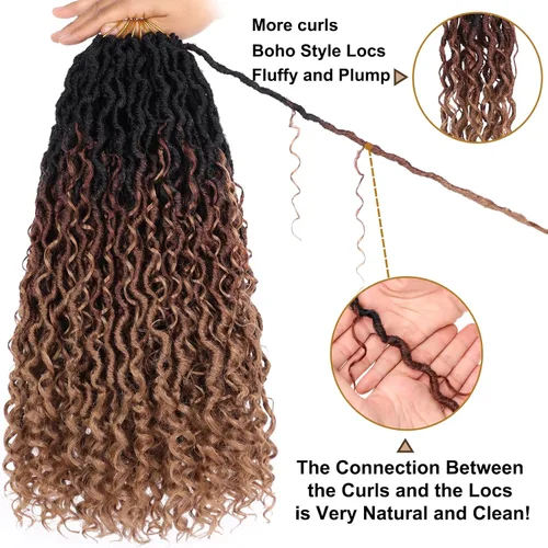 Miniatura 4 de COOKOO 18 pulgadas New Goddess Locs Crochet Hair 8 paquetes Ombre 3 tonos, onduladas, pelo sintético con rizos, trenzas de ganchillo rizadas