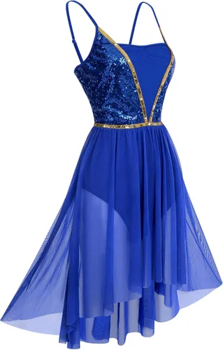 Miniatura 2 de ODASDO Vestido de baile con lentejuelas brillantes para mujer, con tirantes delgados, malla alta y baja, de tul lírica, moderno, contemporáneo