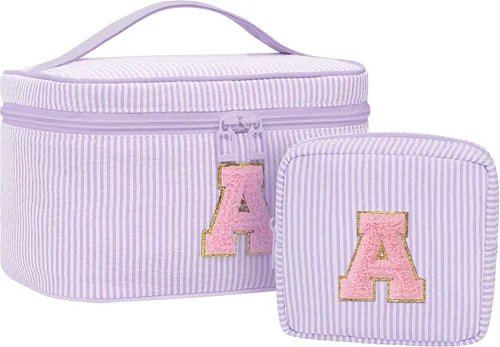 Miniatura 55 de Juego de bolsas de maquillaje con iniciales para niñas y mujeres, bolsa de cosméticos con monograma con soporte para cepillos, estuche de maquillaje