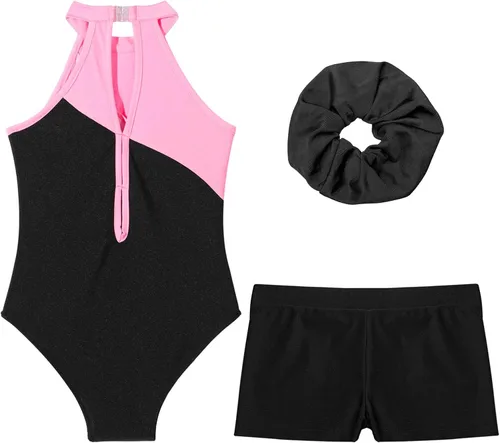 Miniatura 4 de XUNZOO Kids Girls Ballet Dance Outfits Shiny Sleeveless Gymnastic Leotard with Athletic Shorts Hair Band Tracksuit