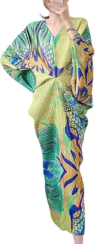 ZYTECO Vestido plisado con estampado floral para mujer, cuello en V, manga corta, estilo dolman, casual, fluido, para invitadas de boda