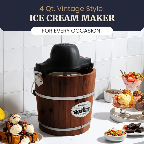 Miniatura 3 de Elite Gourmet EIM418 Máquina para hacer helados eléctrica con cubeta de nogal vintage de 4 cuartos estilo antiguo, utiliza hielo y sal de roca