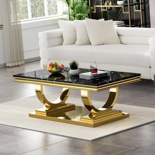 Mesa de centro de mármol negro Henf de lujo, mesa auxiliar rectangular de mármol sintético de imitación con base de acero inoxidable dorado con