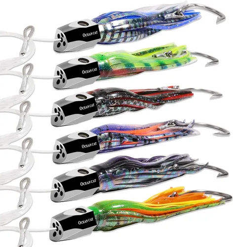Miniatura 2 de OCEAN CAT Juego de señuelos de pesca de agua salada, anzuelo de pesca en alta mar y faldas de pulpo/calamar de 6 pulgadas/9 pulgadas para atrapar