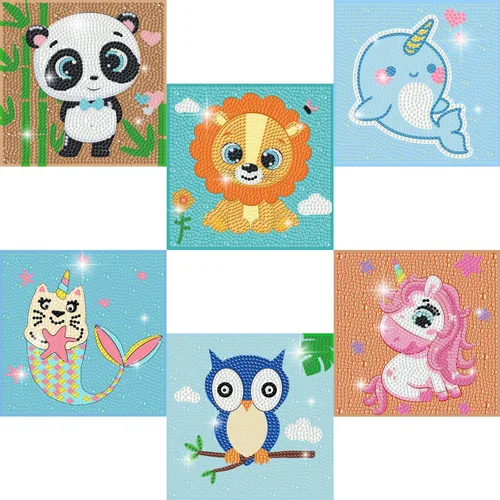 DIYGEMDOT Paquete de 6 kits de arte de diamantes para niños, lindos animales pintura de diamantes para principiantes, arte de gemas DIY 5D para Y004