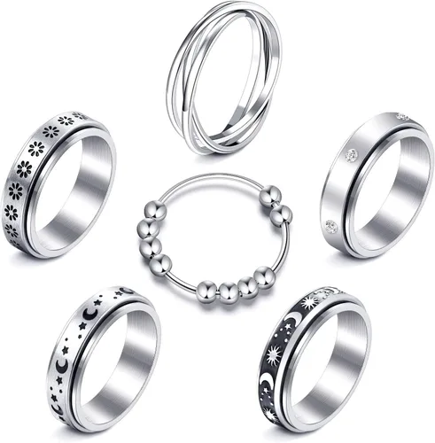 Anillos giratorios MUCAL para ansiedad 8 piezas de anillo giratorio de acero inoxidable anillo anti ansiedad anillo giratorio con luna y estrella
