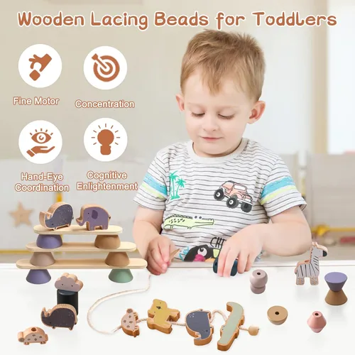 Miniatura 4 de Juguetes de animales de madera con cuentas para enhebrar y abrochar para niños de 3, 4 y 5 años, bloques apilables y juguete de equilibrio, juguete