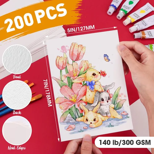 Miniatura 2 de 200 hojas de papel de acuarela de 5 x 7 pulgadas a granel, papel de color blanco de 140 libras/300 GSM para niños, adultos y artistas. Papeles