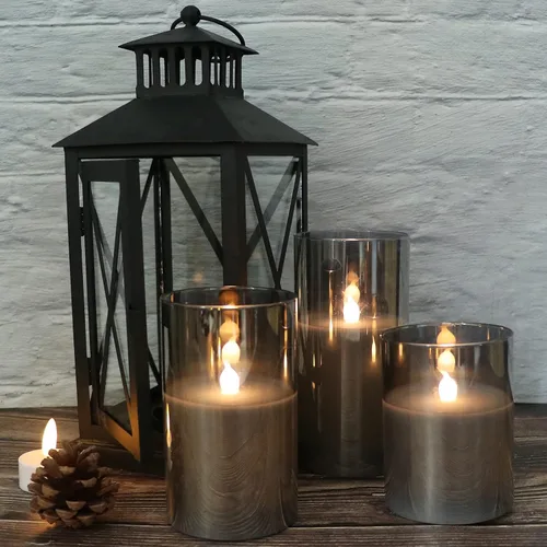 Miniatura 3 de GenSwin - Velas LED sin llama de cristal gris que funcionan con batería, con temporizador y control remoto de 10 teclas, velas de cera real de luz