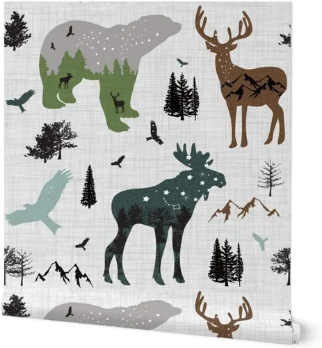 Spoonflower Papel tapiz para despegar y pegar, diseño de animales del bosque ártico, bosque, montañas de Alaska, aventura, oso, alce, papel tapiz