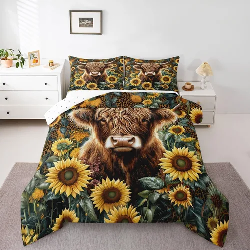 Miniatura 27 de Erosebridal Highland Cow - Juego de edredón tamaño matrimonial, juego de ropa de cama de toro de cuerno largo occidental para niños y adultos, Verde