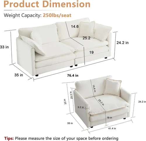 Miniatura 2 de mikibama Juego de sofá biplaza y sillón de lujo de 2 piezas, moderno juego de sofás nube tapizados de chenilla con 5 almohadas para sala de estar