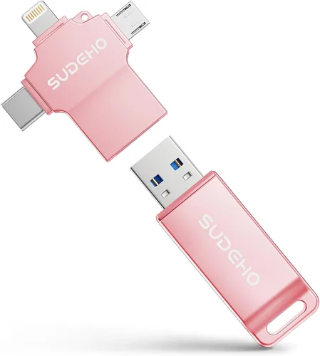 Memoria USB USB con certificación MFi para iPhone, memoria externa 4 en 1 para ahorro de video y copia de seguridad (rosa rosa, 256 GB)