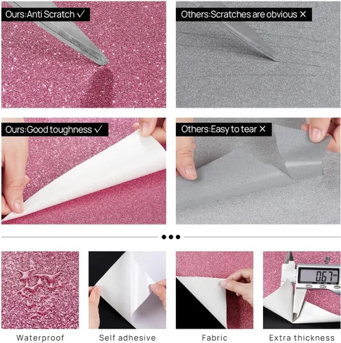 Miniatura 3 de FunStick Papel tapiz de 16 x 240 pulgadas con purpurina rosa claro, autoadhesivo, papel de contacto con purpurina rosa para armarios, aparadores