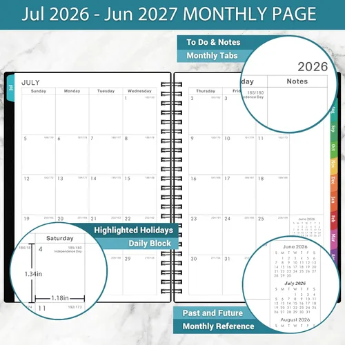 Miniatura 4 de Agenda 2026 – Agenda 2026, enero 2026 a diciembre 2026, 6.3 x 8.4 pulgadas, agenda 2026 semanal y mensual, pestañas coloridas, cubierta de Negro