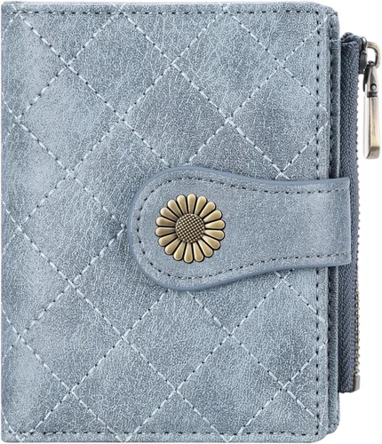 Miniatura 11 de FALAN MULE Billetera pequeña para mujer, plegable, con bloqueo RFID, portatarjetas de piel con bolsillo con cremallera para monedas Blanco/Marrón