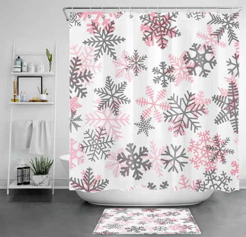 Miniatura 6 de EOBTAIN Cortina de ducha de invierno con copos de nieve para baño, divertido patrón de copos de nieve rosa y gris, cortina de ducha de tela blanca