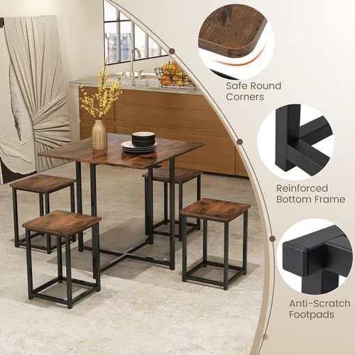 Miniatura 4 de Tangkula Juego de mesa de comedor compacto para 4, juego de mesa de cocina pequeña con taburetes cuadrados y marco de metal, perfecto para espacios