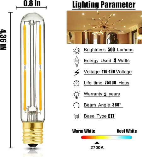 Miniatura 2 de Bombilla LED de filamento tubular E17 T6.5, bombillas de tubo LED regulables de 4 W, 500 lm, blanco cálido 2700 K, equivalente a bombilla