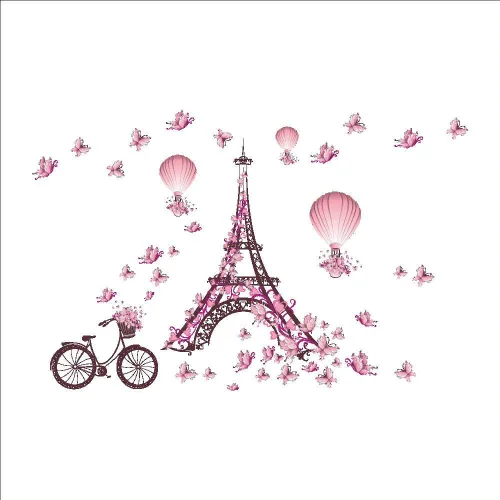 Miniatura 4 de Aniversario Día de la Madre Romántico Francia París Torre Eiffel Calcomanías de pared para habitación de niñas, flores bicicletas, mariposas, globo