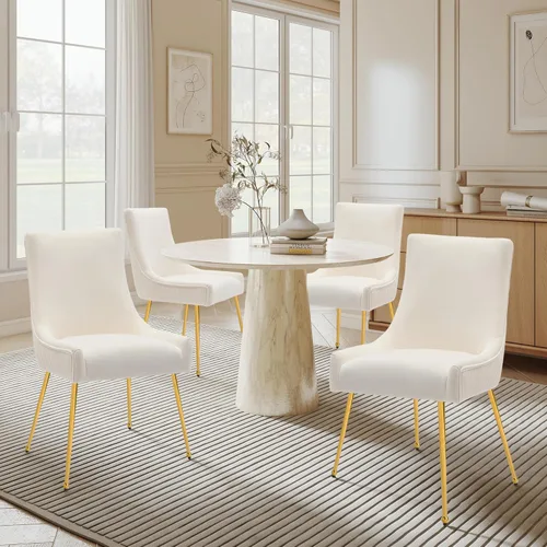 Miniatura 2 de adochr Juego de 2 sillas de comedor modernas con patas de metal dorado, silla de cocina tapizada de terciopelo, respaldo plisado, silla decorativa