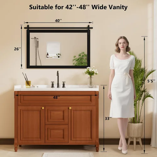 Miniatura 9 de Espejo Negro de Granja para Pared, 40x26 PULGADAS Espejos Grandes de Baño Cuadrados con Marco de Madera para Tocador, Espejos Estilo Puerta