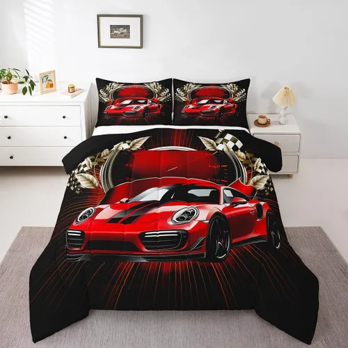 Miniatura 11 de Juego de edredón azul de coche deportivo para niños y hombres, juego de ropa de cama de auto de carreras de graffiti tamaño individual, edredón