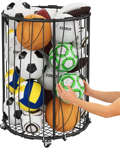 Miniatura 11 de Hencawima Gran almacenamiento de pelotas de garaje, organizador de equipos deportivos de piso rodante: estante de bolas independiente con cuerda