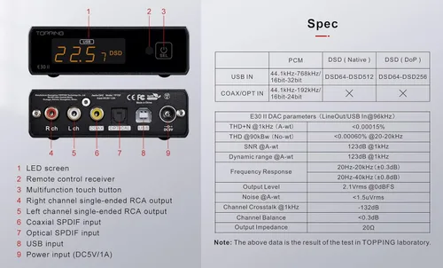 Miniatura 6 de Topping E30 II DAC Preamplificador de audio Decodificador de audio - 2xAK4493S Hi-Res XMOS XU208 DAC 32Bit/768kHz DSD512 DSD Modo directo para Negro